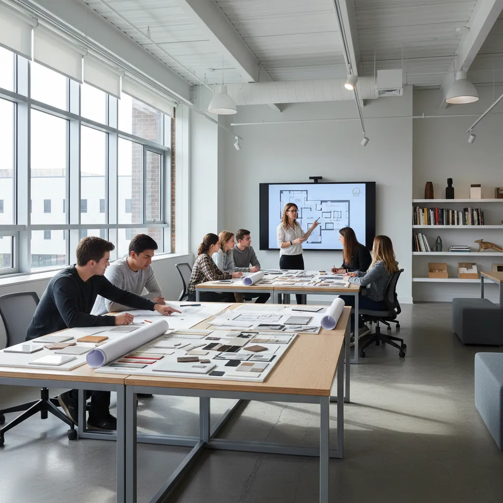 Students in a studio looking at floor plans and material samples with a teacher presenting