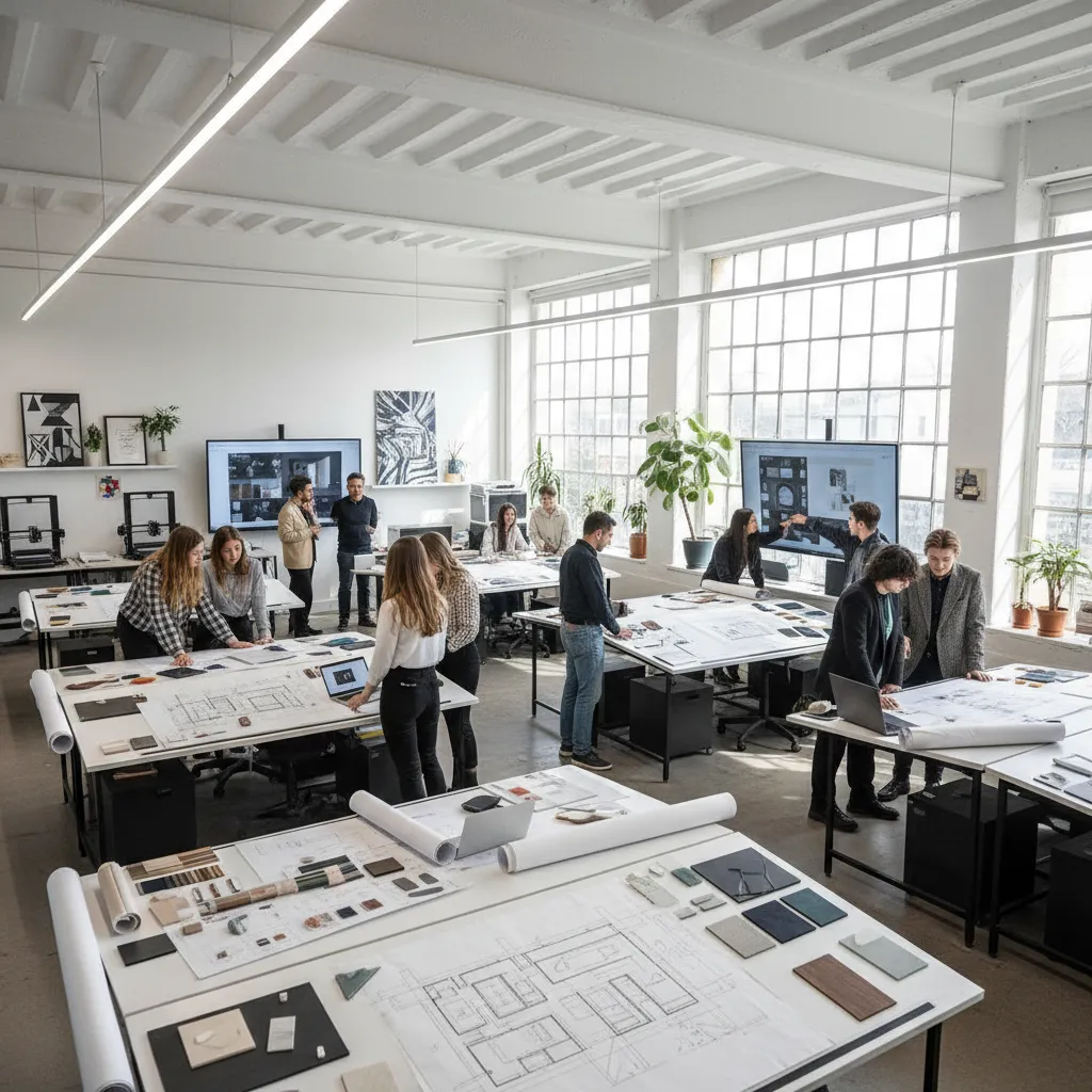 Students in interior design class working around tables with room layout drawings and large windows