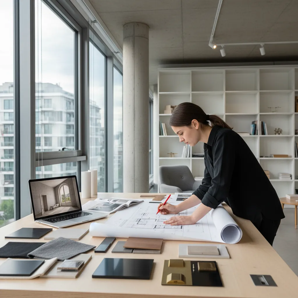 Woman drawing on a paper floor plan at a desk with laptop and material samples