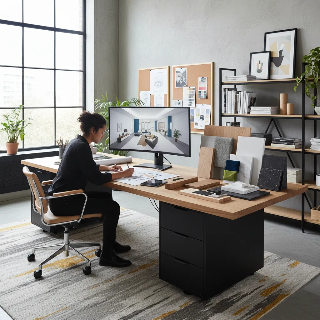 Interior designer working at wooden desk with computer screen showing room design and material samples