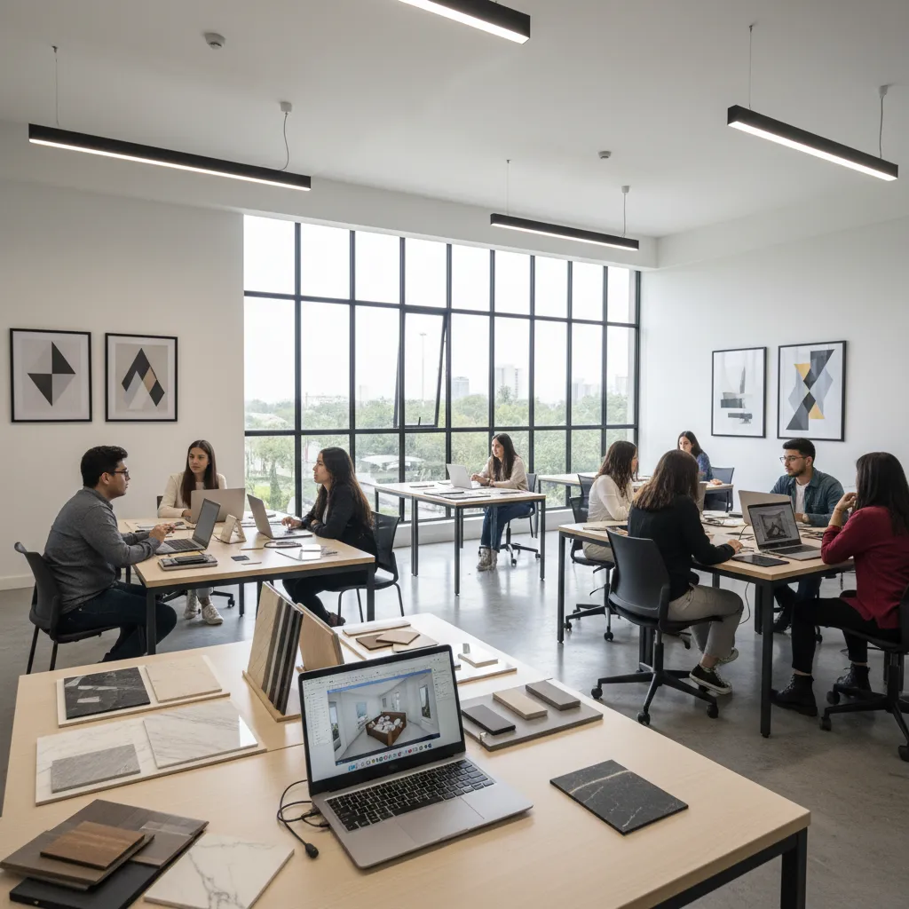 Interior design students working on laptops in a bright office with material samples and windows