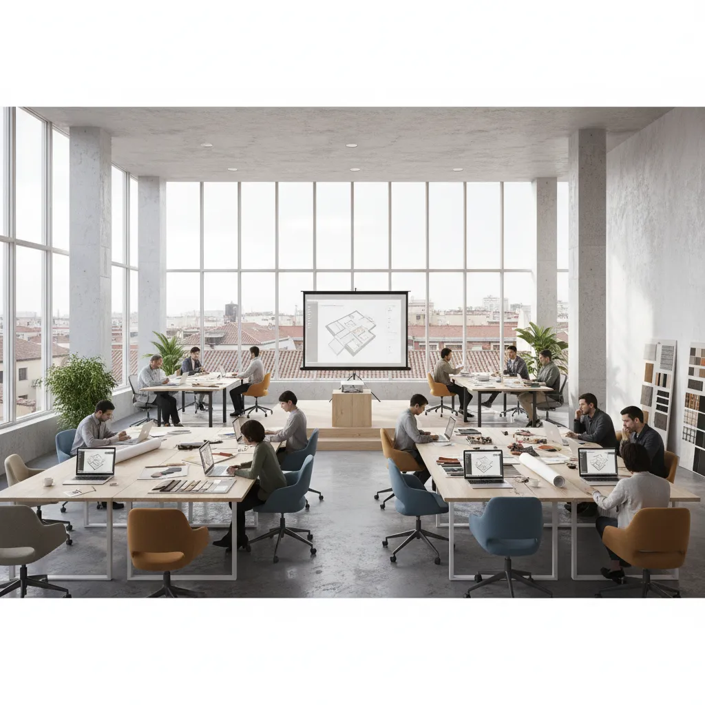 People working at desks in design studio with screen showing a detailed interior design drawing