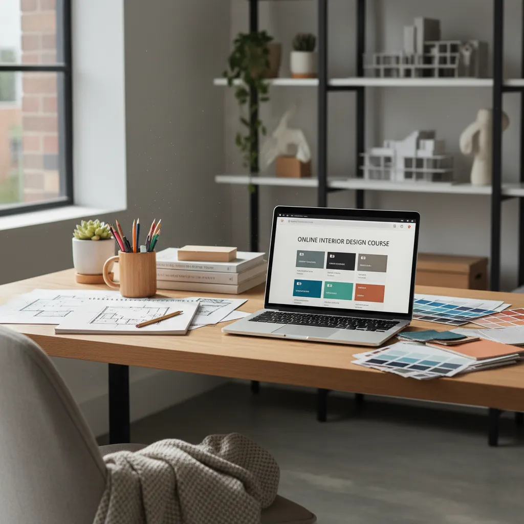 pantalla mostrando un curso online de diseño de interiores con planos y paletas de color