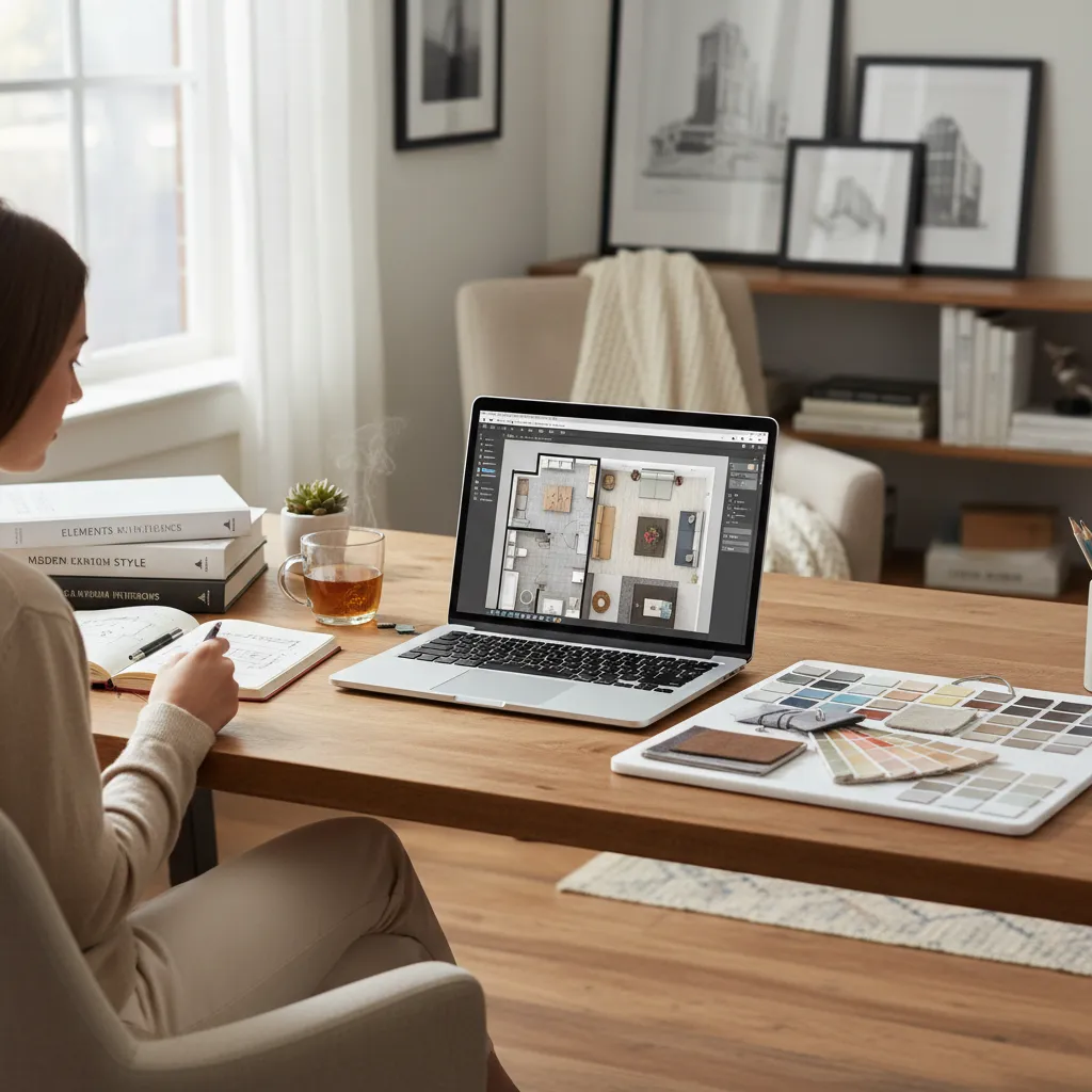 Designer working on laptop showing room layout with color swatches and tea on wooden desk