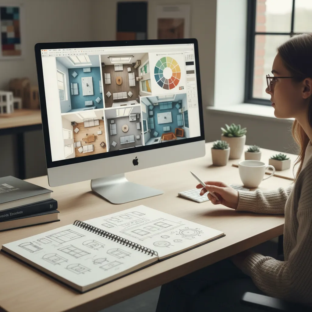 estudiante siguiendo curso de diseño de interiores en computadora