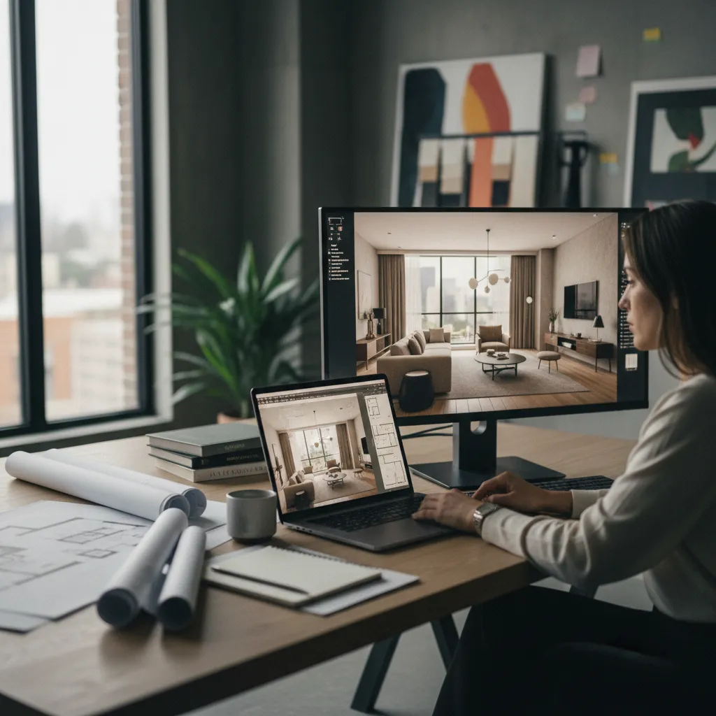 Woman using laptop and monitor for interior design drawing with paper floor plans on desk