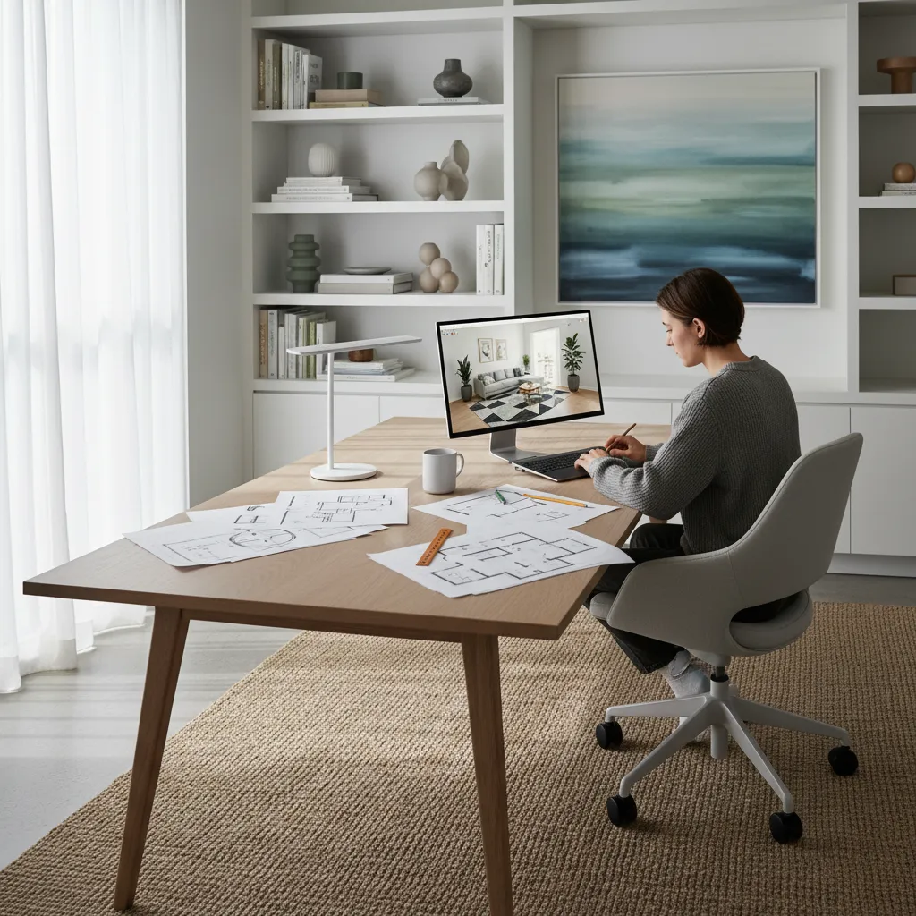 Woman working on computer at wooden desk designing room with paper floor plans and bookshelves