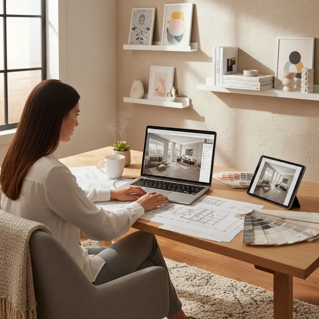 Persona estudiando diseño de interiores online con planos y portátil
