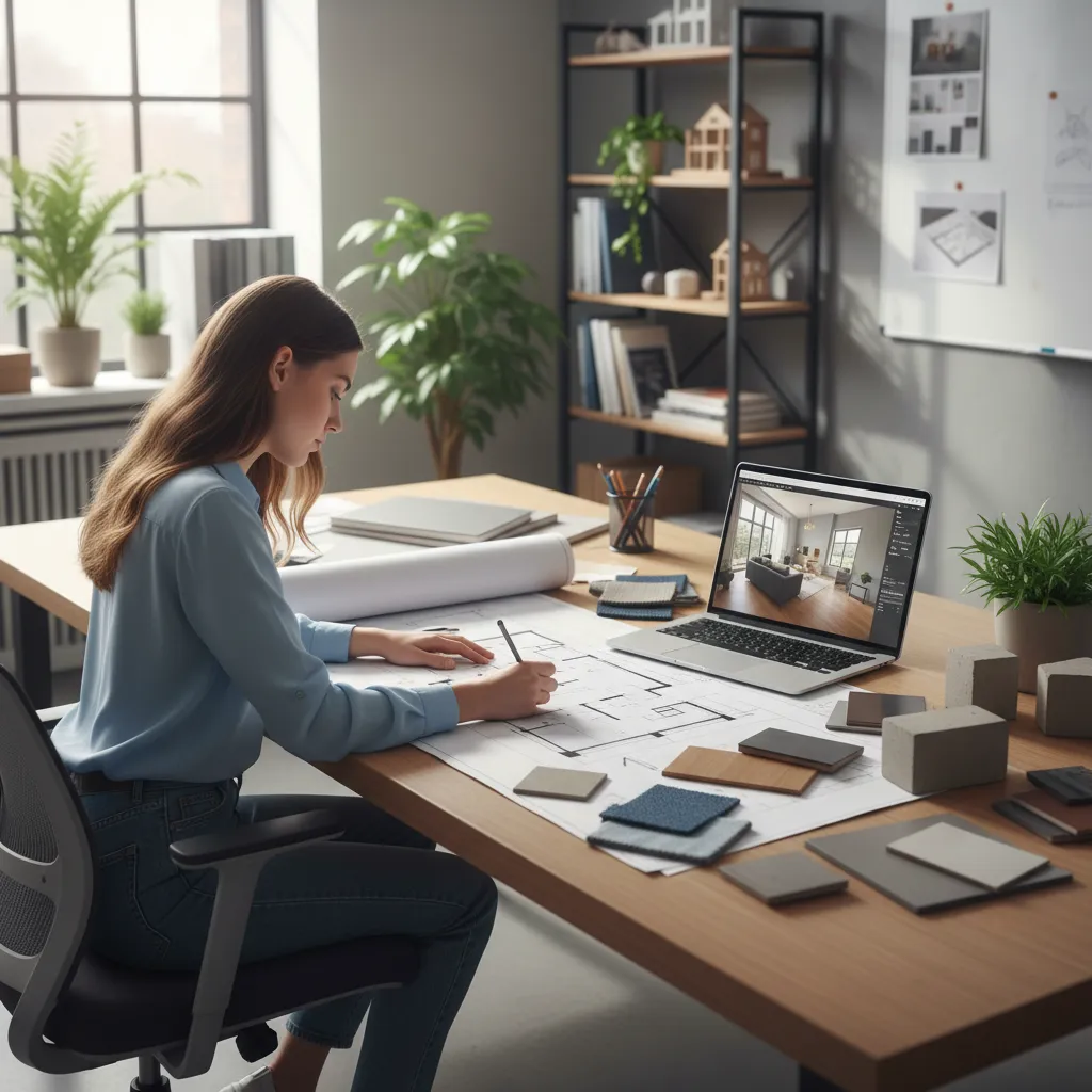 Estudiante trabajando en un proyecto de diseño interior con planos y portátil