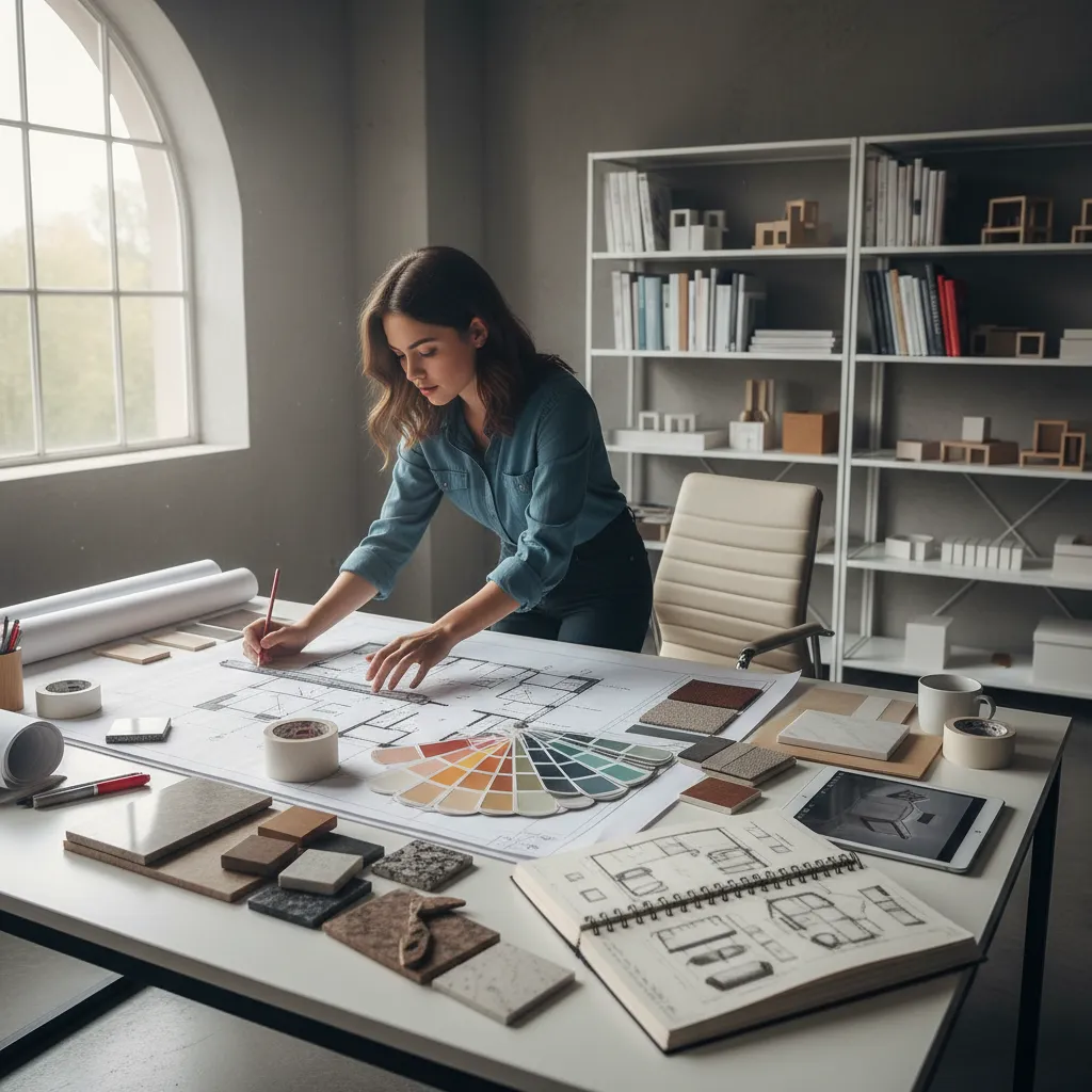 Female interior designer working on a room layout drawing with color swatches and material samples
