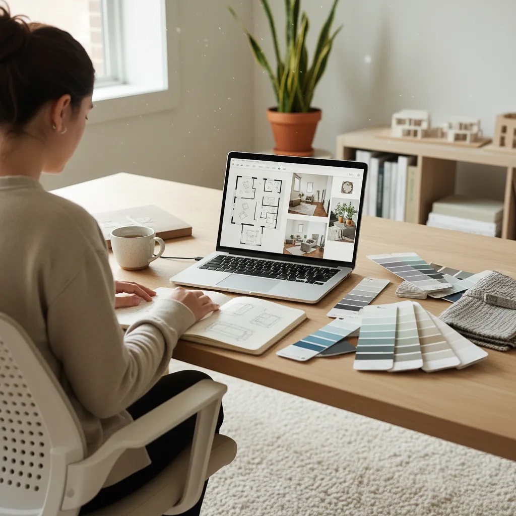 Woman designer using laptop to view 2D floor plan layout with color swatches on desk