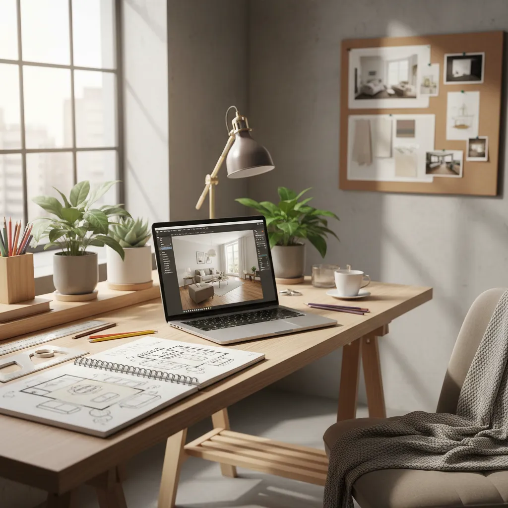 persona estudiando diseño de interiores con cuaderno de bocetos y portátil