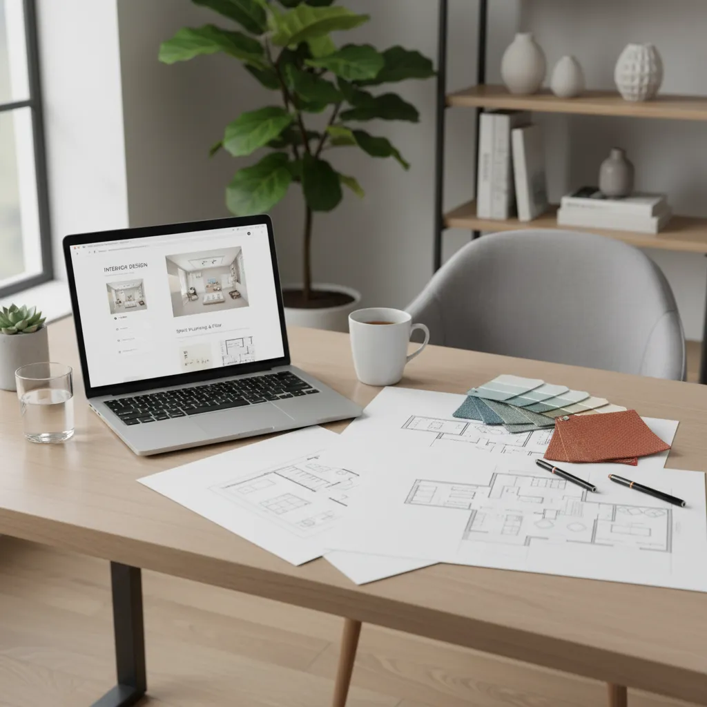 Pantalla con curso de diseño de interiores y bocetos de una habitación