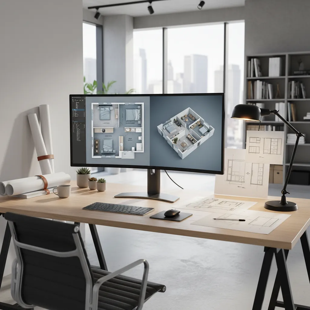 Pantalla mostrando un proyecto de diseño de interiores en proceso con plano y modelo 3D