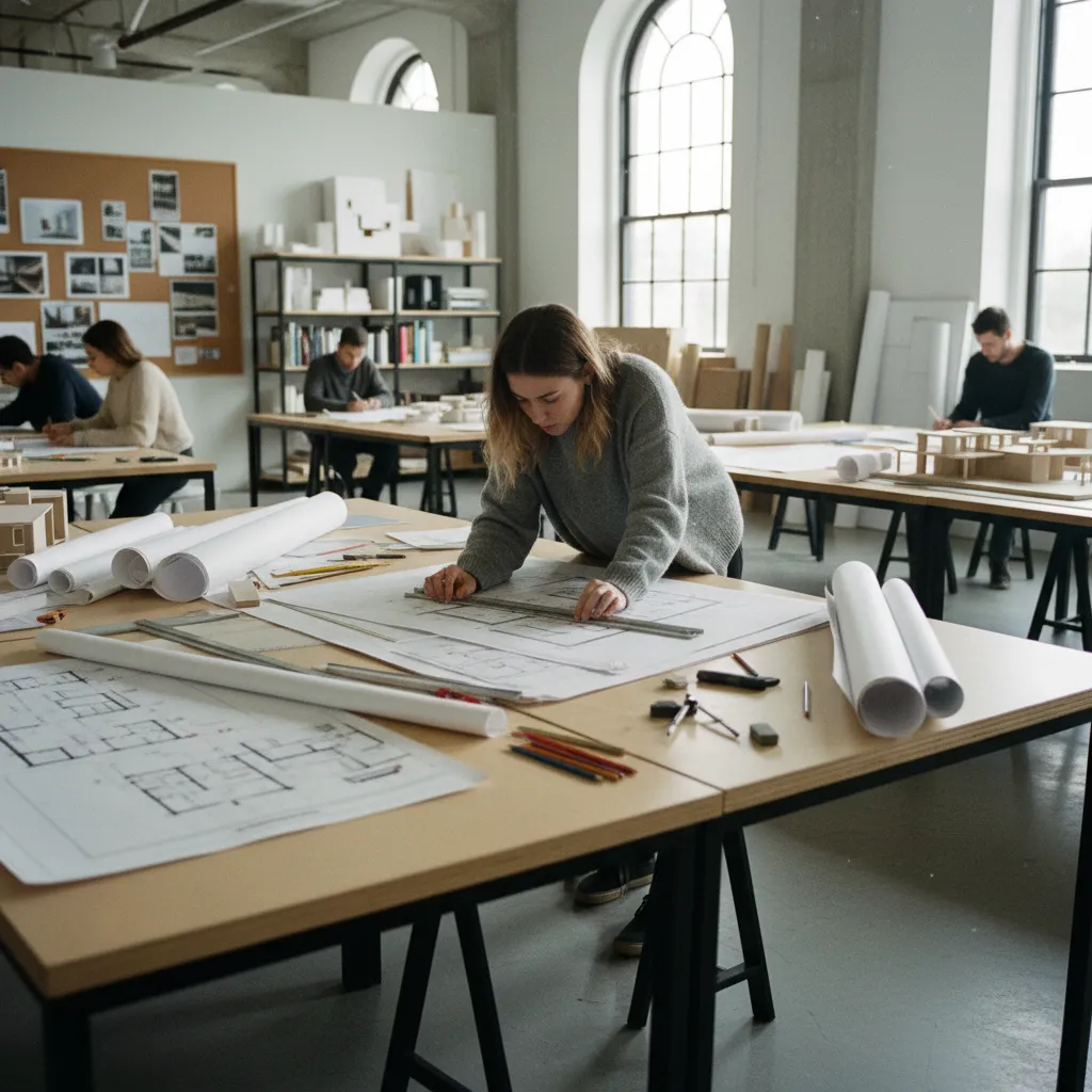 estudiante de diseño de interiores trabajando con planos de distribución en una mesa