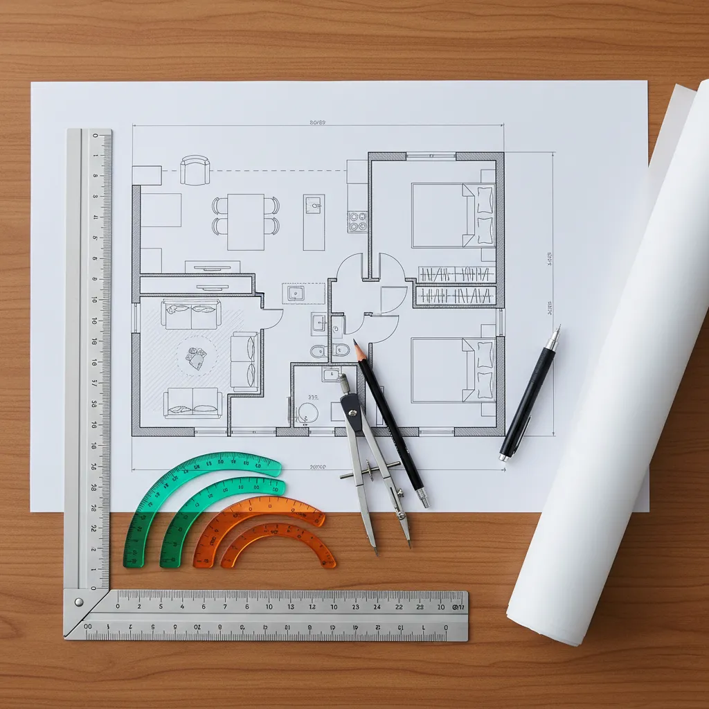 Plano de distribución de vivienda con muebles dibujados