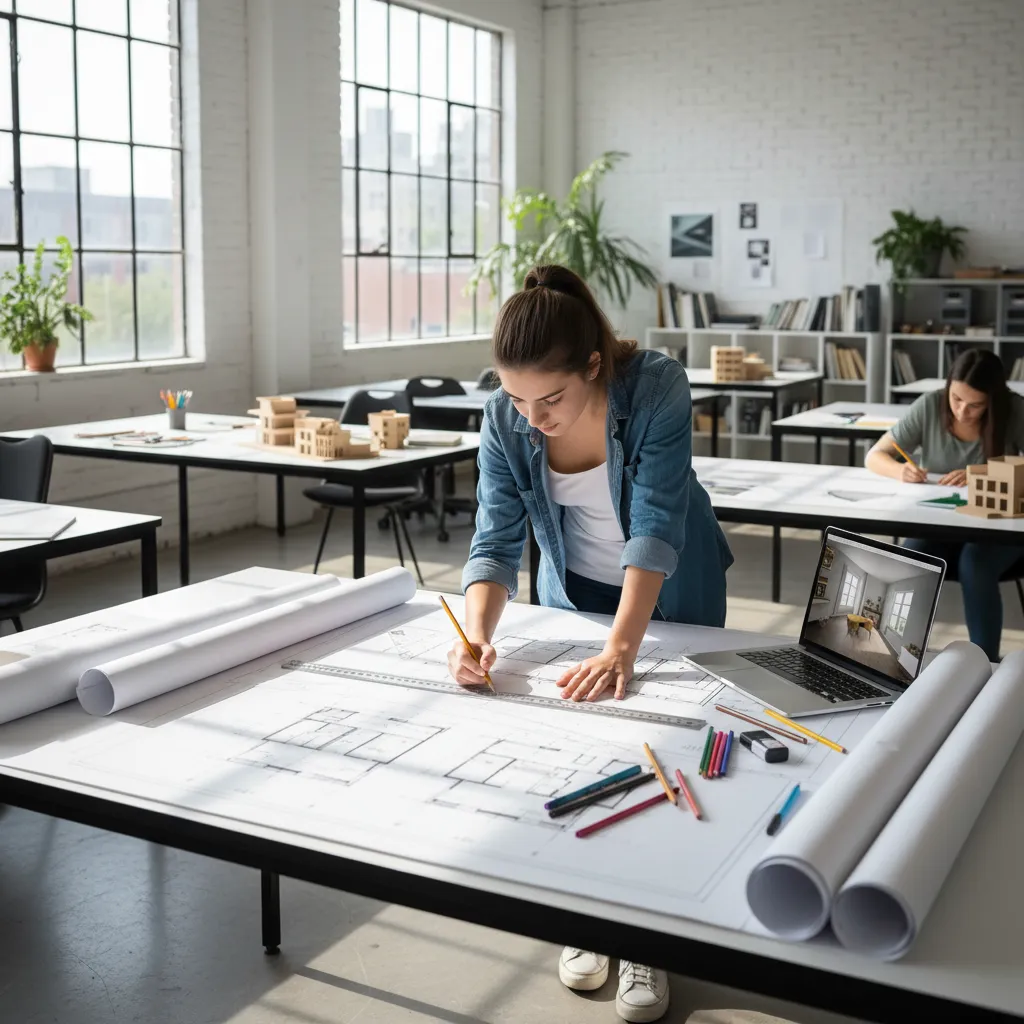 Estudiante de diseño revisando planos de distribución en una mesa de trabajo