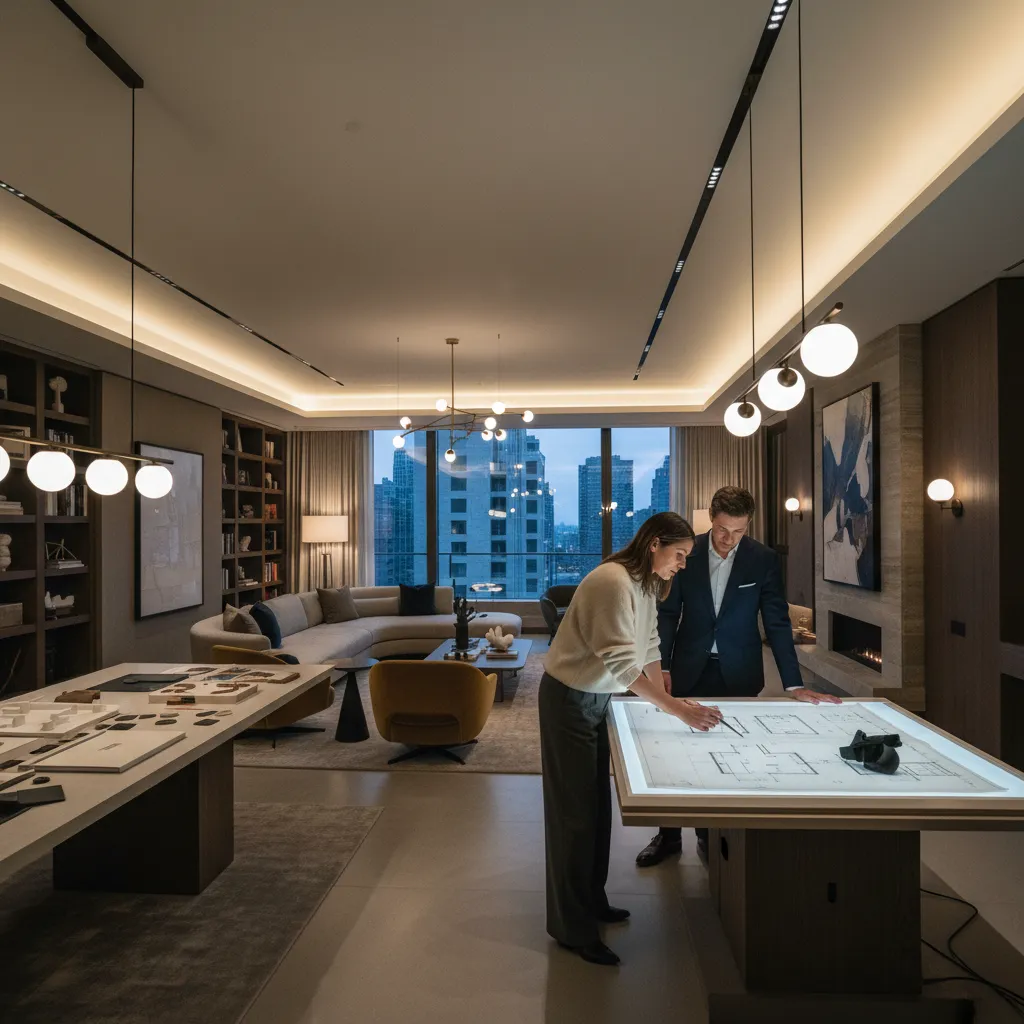 Two designers reviewing a glowing floor plan on a large light table in a studio