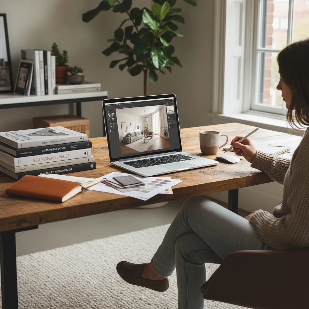 A person using a laptop to design a living room layout on a wooden table