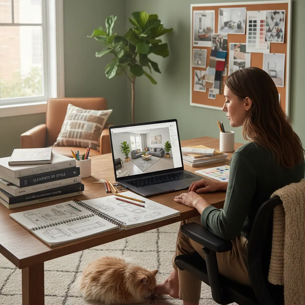 Woman at desk using laptop for living room design with cat plant and interior design books