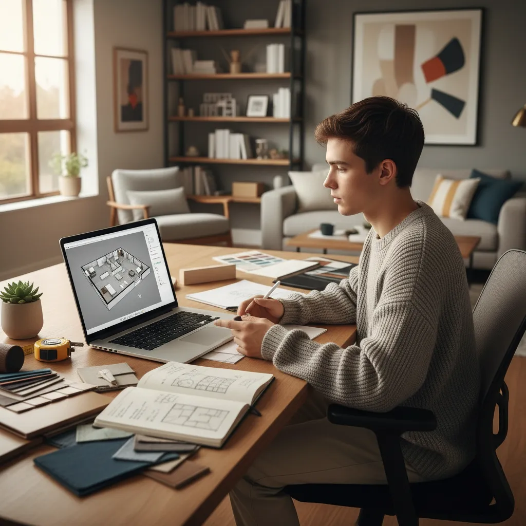 Estudiante de formación profesional aprendiendo diseño interior desde casa