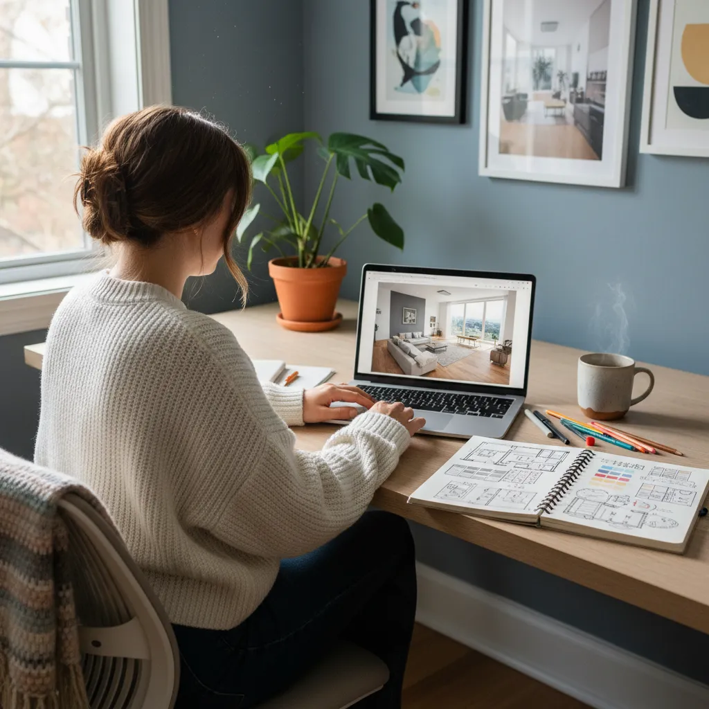 Persona estudiando diseño de interiores online con portátil y cuaderno