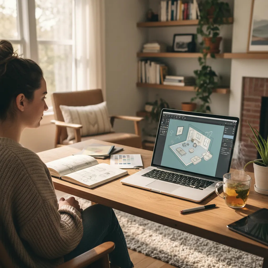 Persona tomando un curso online de diseño de interiores en casa