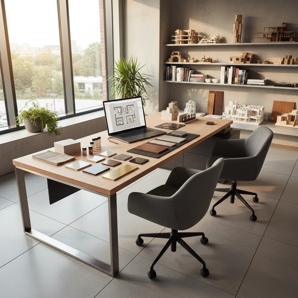 Interior designer workspace with a laptop showing a floor plan, material samples, and office chairs