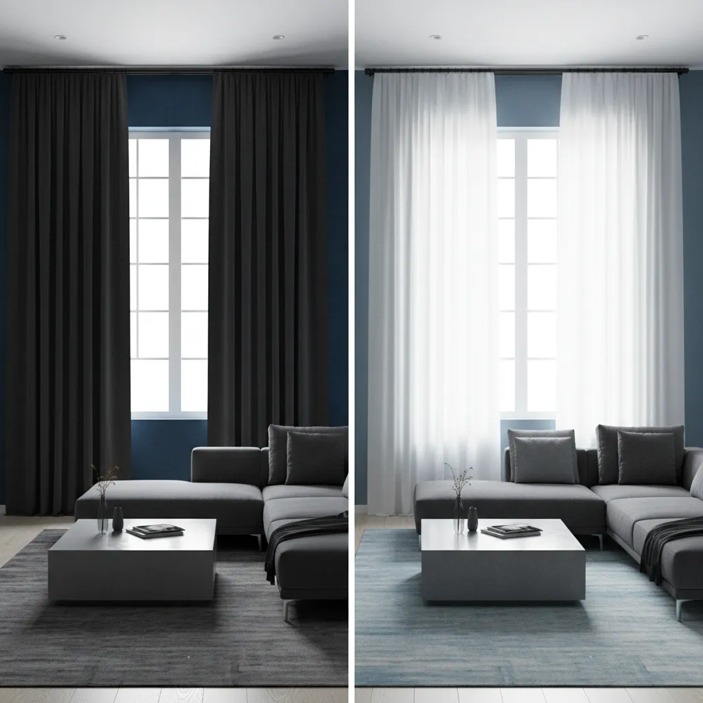 Comparison of dark and light curtains against blue walls