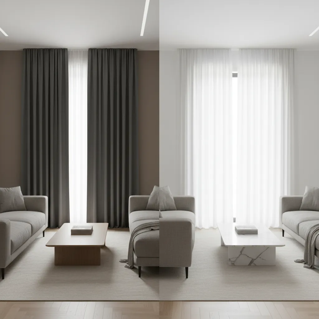 Interior comparison showing how light curtains make a room feel larger than dark curtains