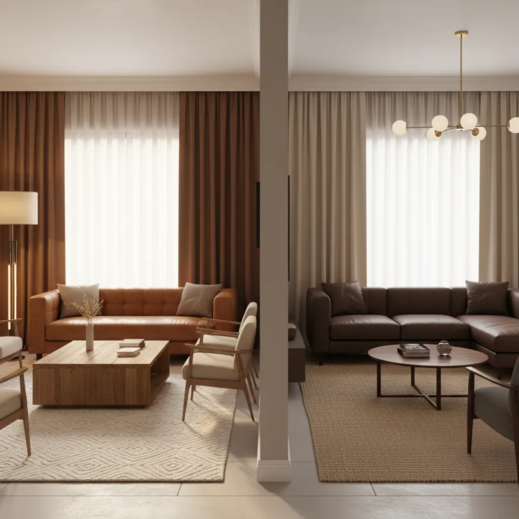 living room furniture combinations with brown and beige curtains