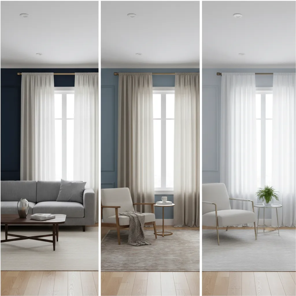 Curtain contrast examples with navy and light blue walls