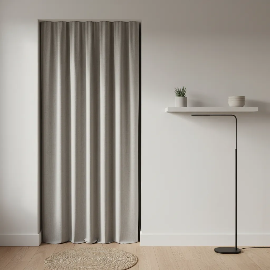 Fabric curtain hiding a water heater in a small apartment alcove