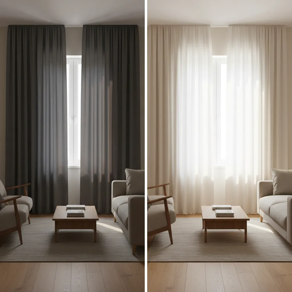 comparison of heavy curtains versus light linen curtains in a cream wall room