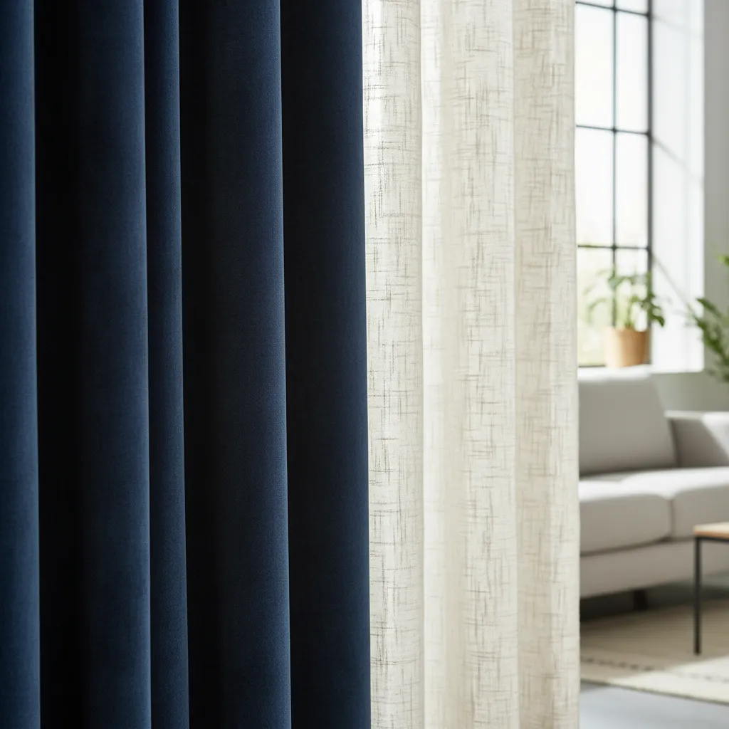 Close view of dark velvet curtains and light linen curtains fabric comparison