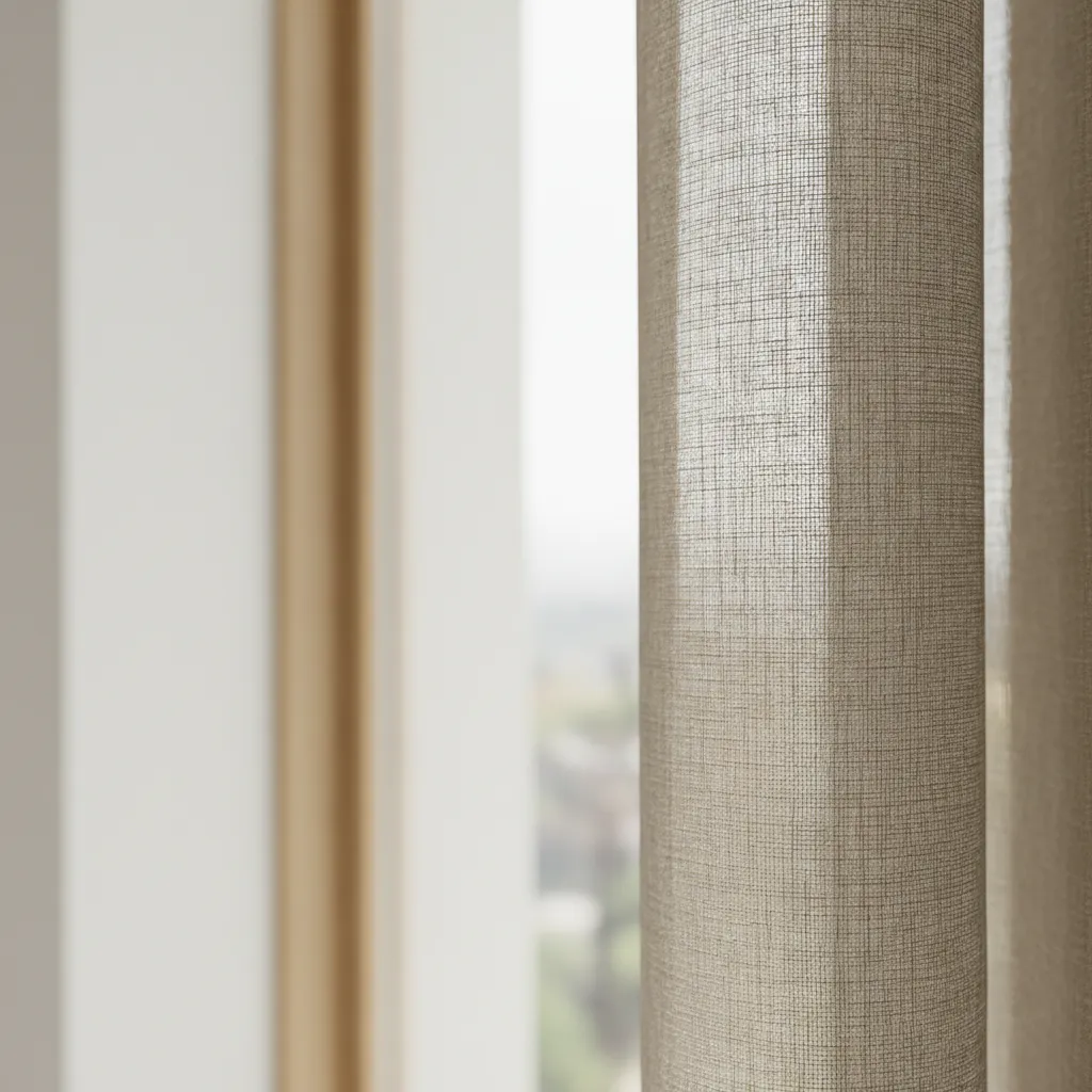 Detalle de tejido de cortina de lino en un interior moderno