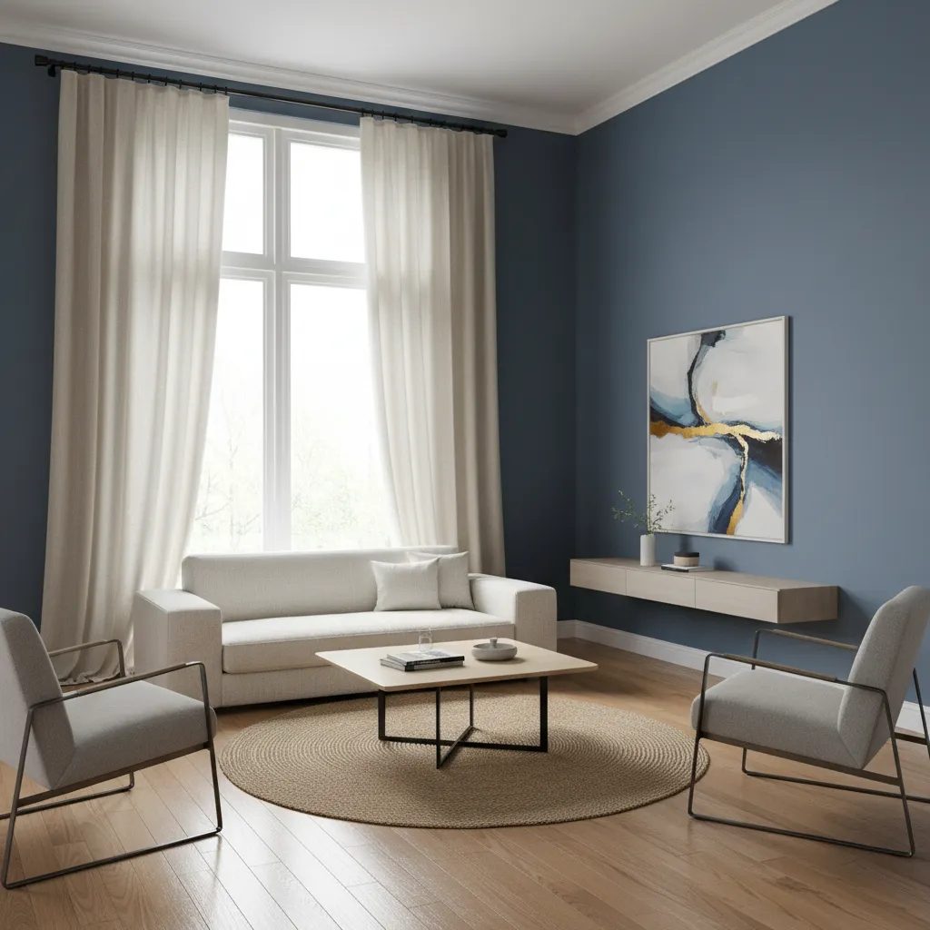 Example showing higher mounted curtain rods in a living room