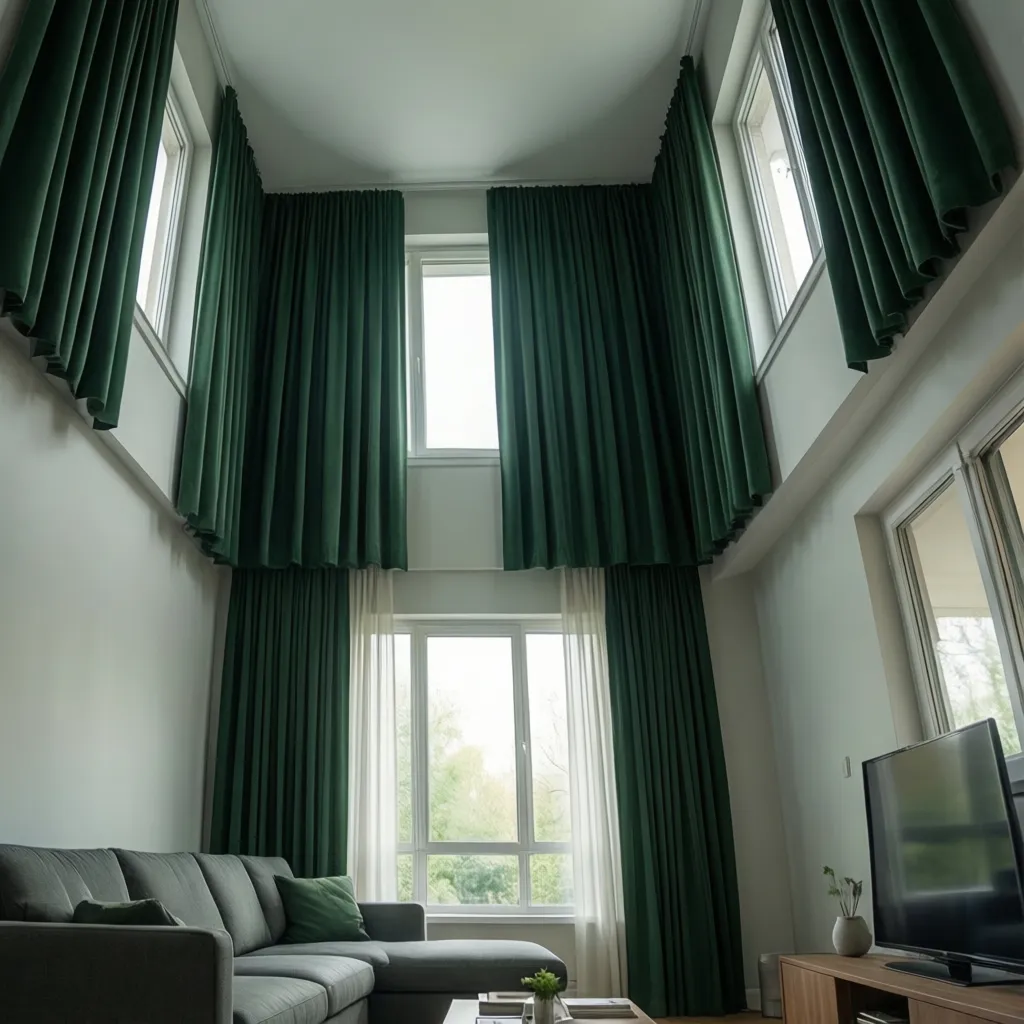 Living room showing high mounted curtain rod with dark green curtains