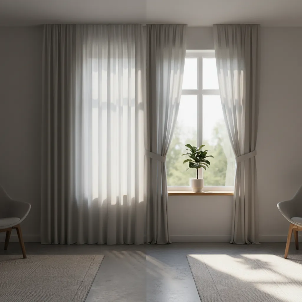 comparison showing how tied back curtains allow more daylight into a living room