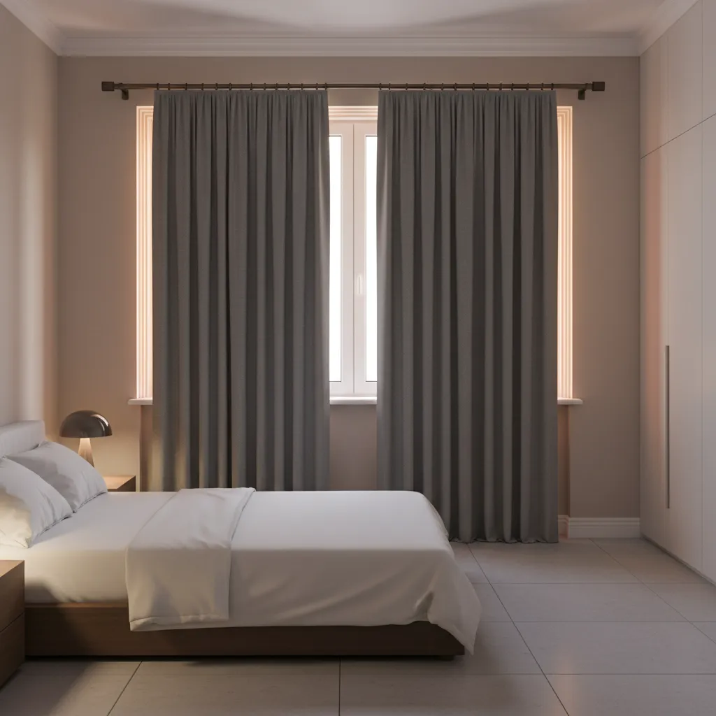 Curtains with visible light gaps around window edges at night