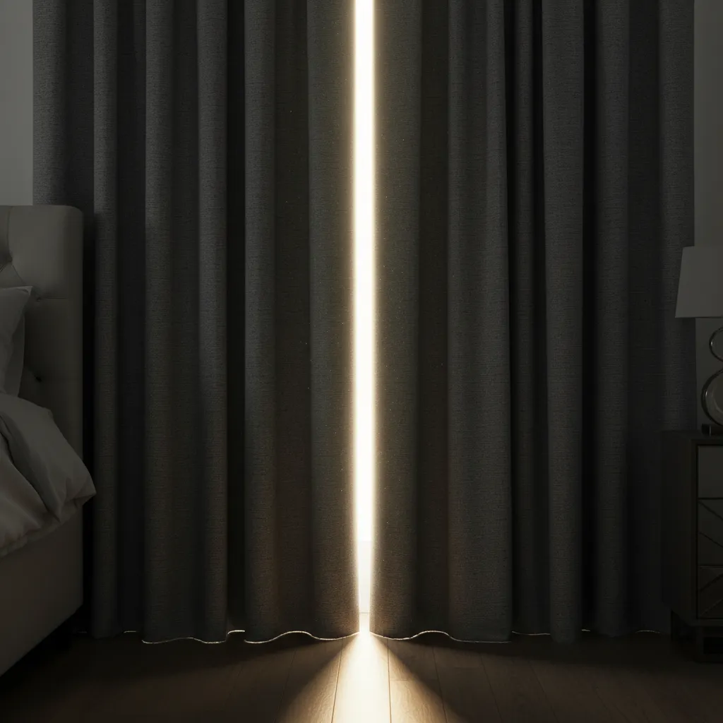 Close view of light coming through the center gap between curtain panels