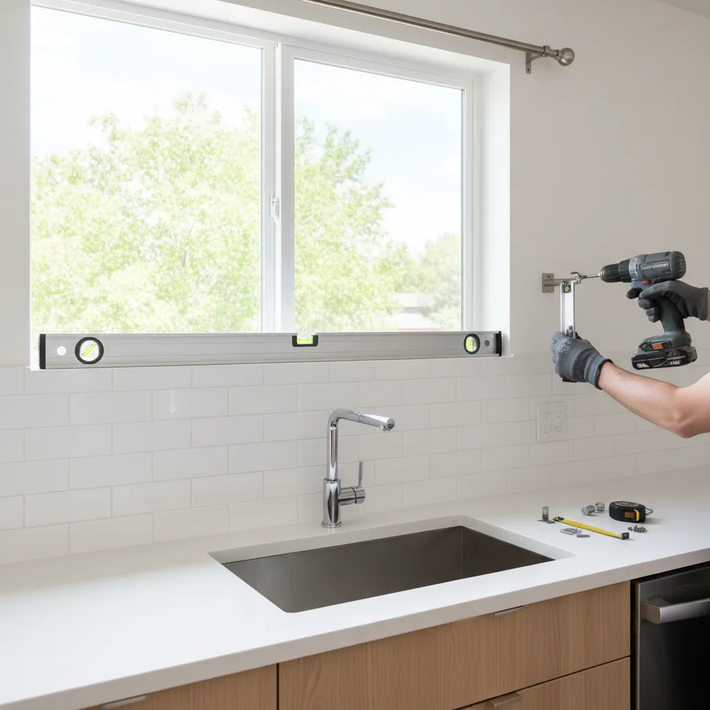 installing curtain rod level above kitchen window