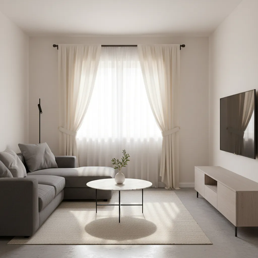 curtain rod extending beyond window frame in small living room