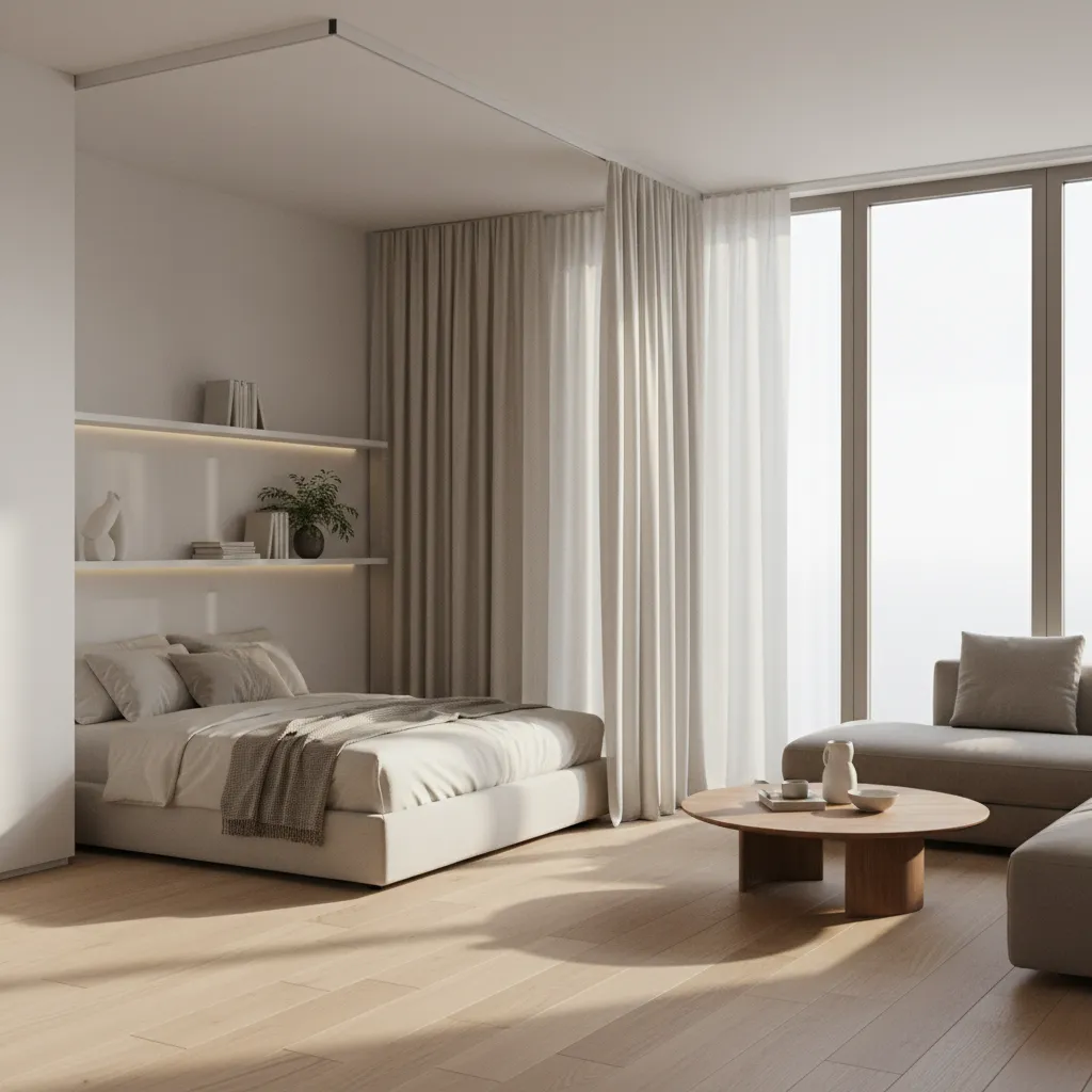 Curtain room divider separating sleeping area from living space in modern apartment