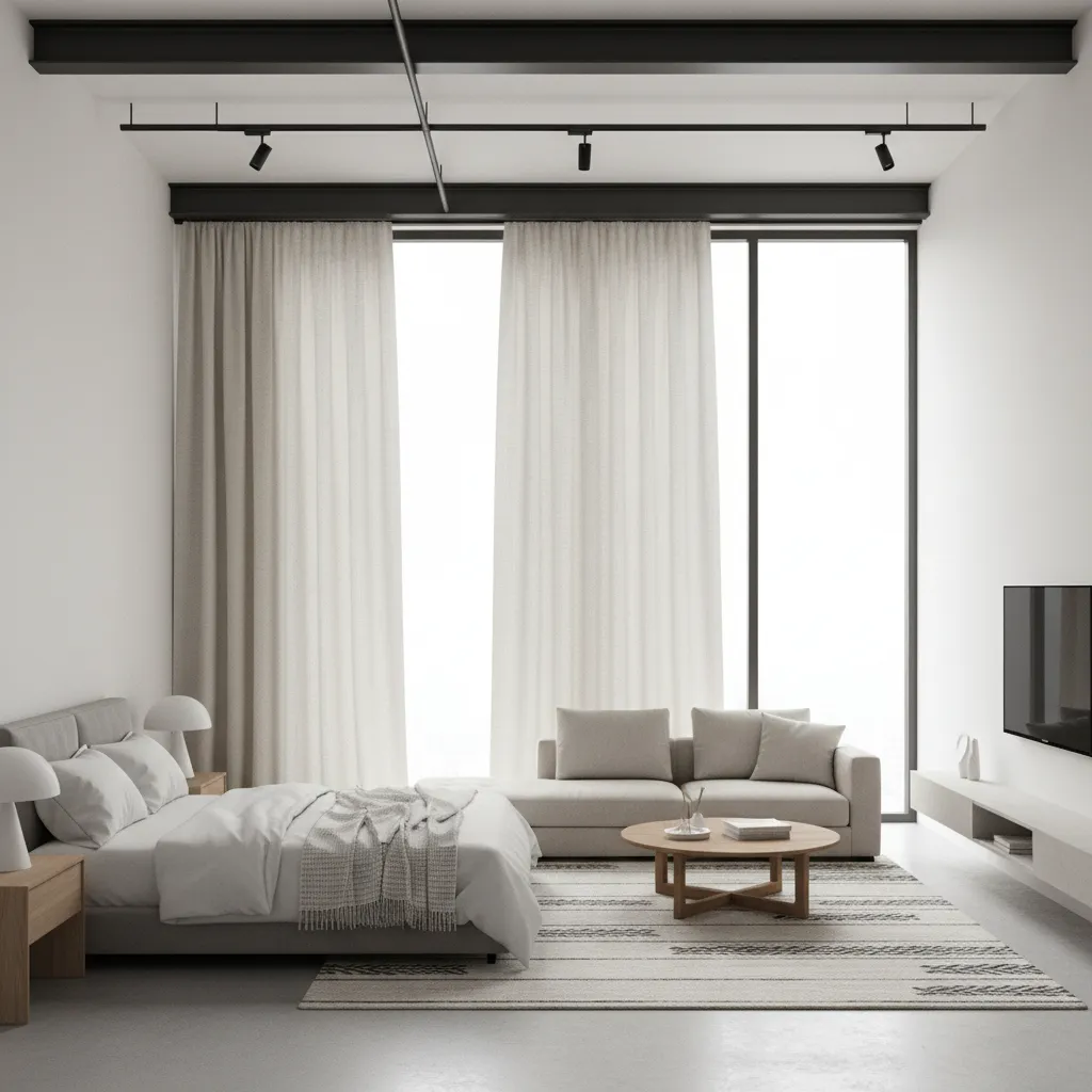 Light fabric curtain used as an inexpensive room divider in a loft apartment