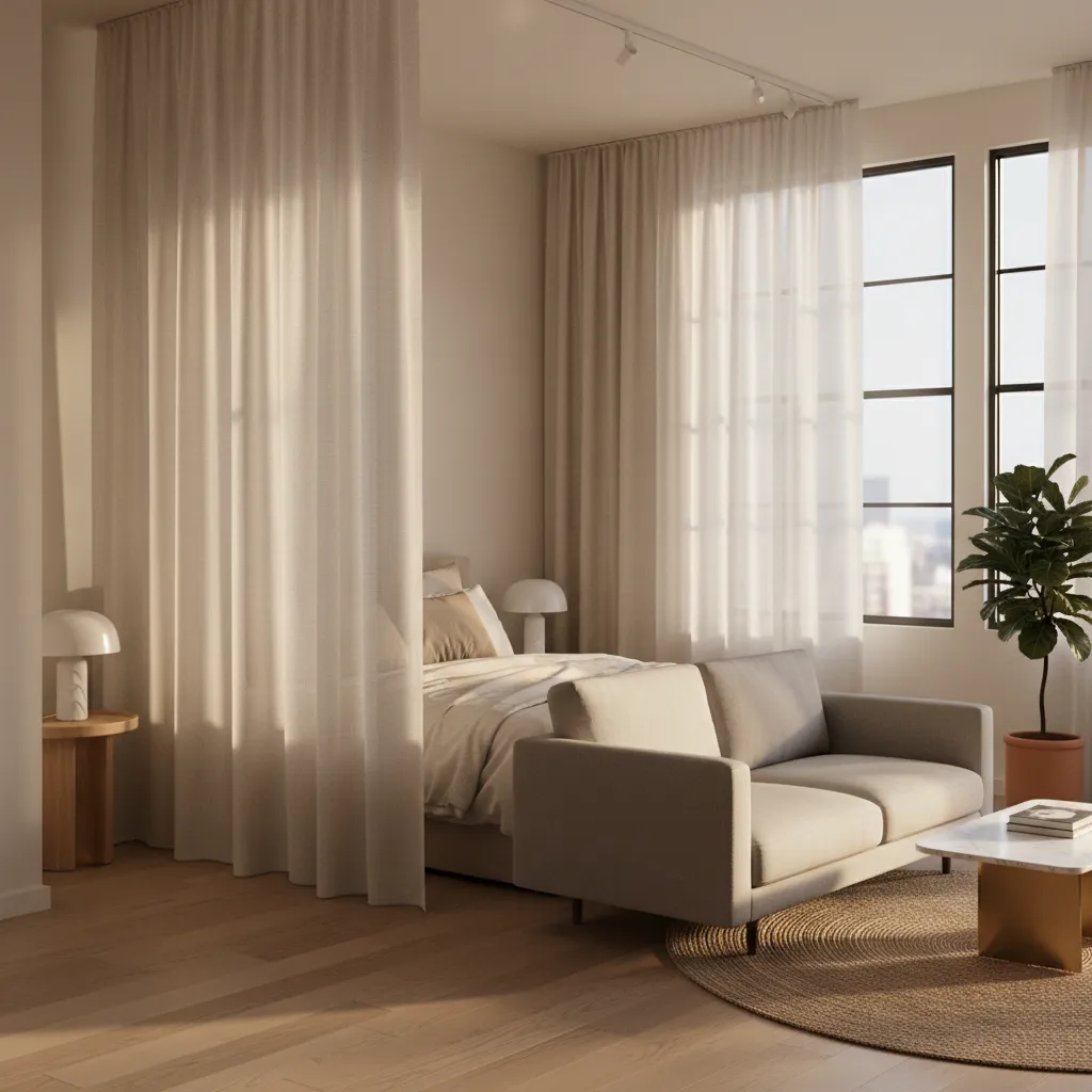 Ceiling mounted curtain divider separating bed area in a small apartment