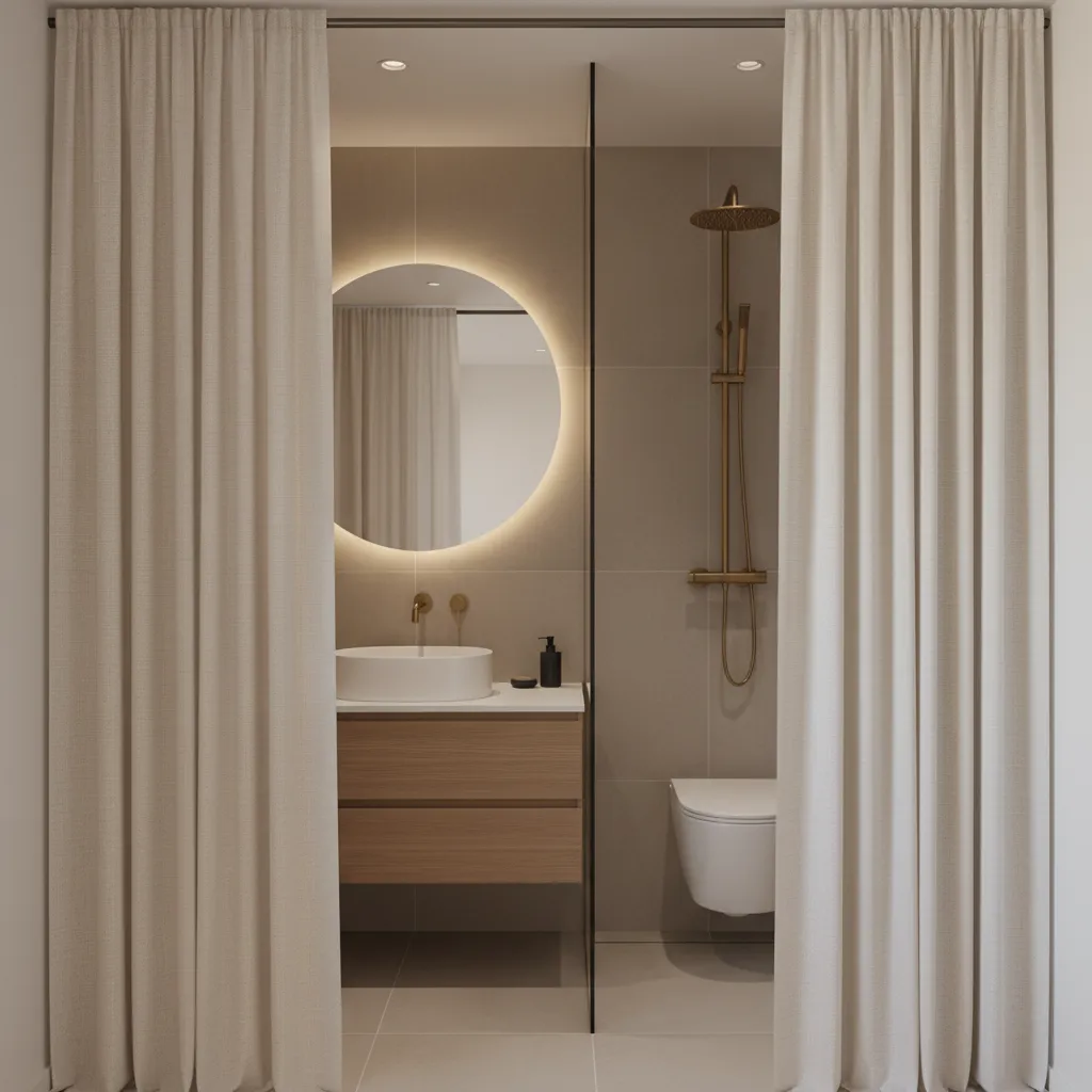 soft curtain divider used instead of door in small ensuite bathroom