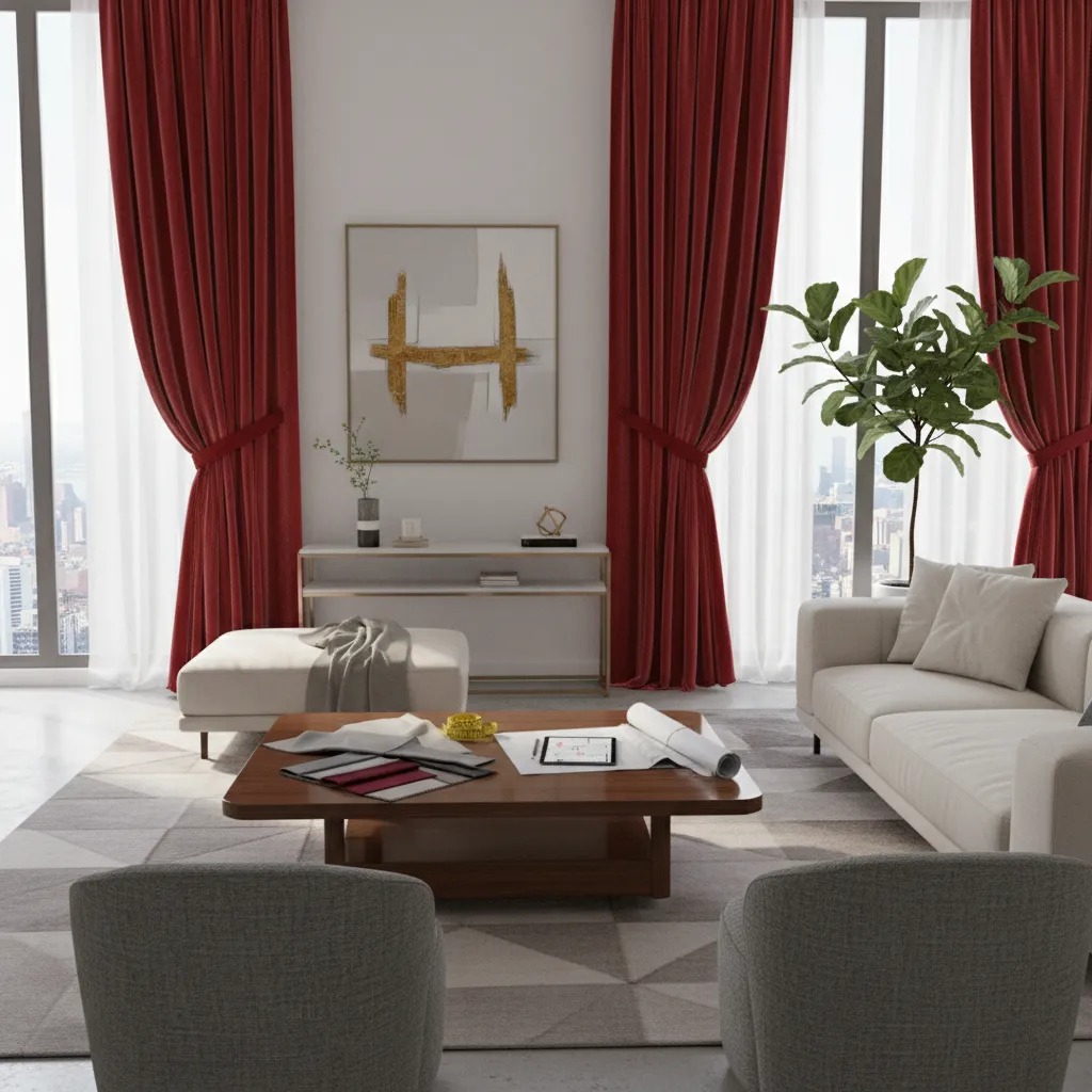 Living room with red curtains illustrating curtain selection planning
