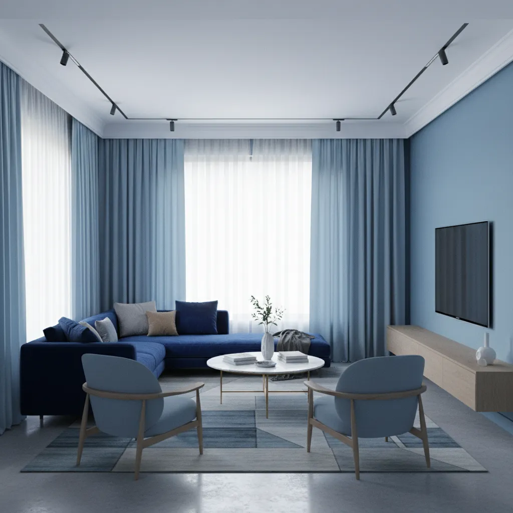 Curtain style coordinated with furniture in blue living room