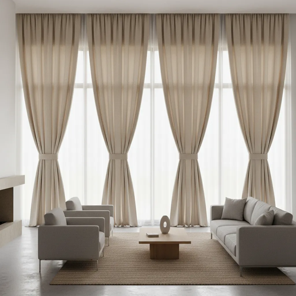 Example of correct curtain tie back height on floor length drapes